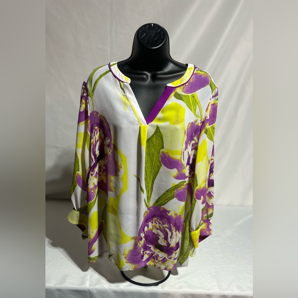Worthington Floral Print V-Neck Blouse- Purple & Lime Yellow Women’s 2X
